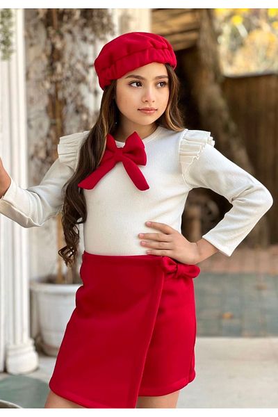 Calisa Girl's Tie-Up Skirt and Ribbon Detailed Blouse Beret Set