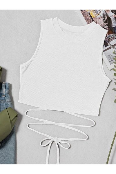 Liona White Color Crew Neck Plain Patternless Lycra Drawstring Ribbed Camisole Crop Top Blouse
