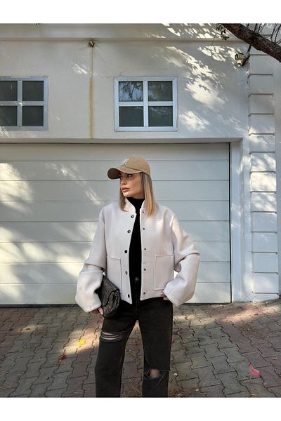 FMN Moda Παλτό Bomber Oversize με επένδυση Gabardine Stamp - Λεπτομέρεια τσέπης και κουμπιού, Pinterest Trend