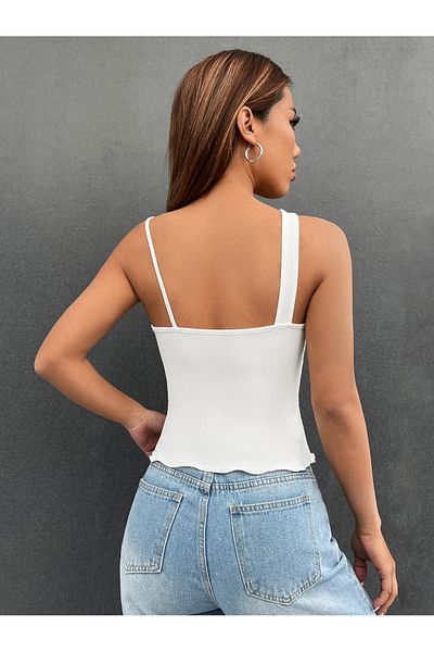 Liona White Asymmetrical Neck Ribbed Crop Top Blouse Plain Patternless