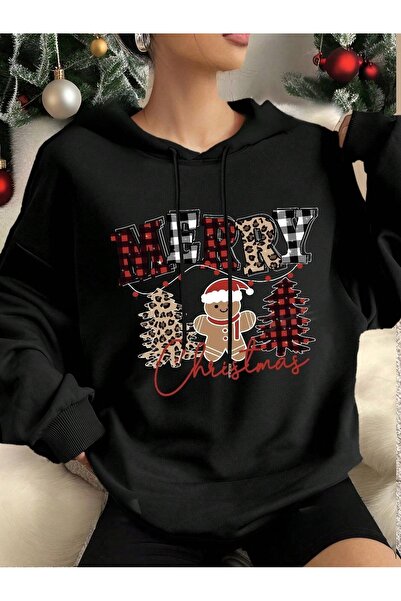 OVER HEAD Women's Black New Year Merry Christmas Cookies Printed 3 Thread Oversized Hoodie Sweatshirt