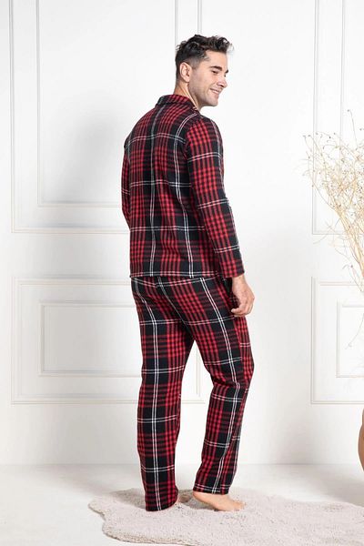 Mecit Pijama Set de pijamale de iarnă pentru bărbați - nasturi în față, carouri albe, bumbac și viscoză