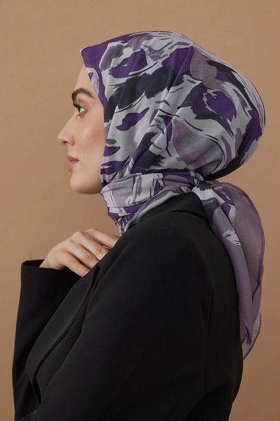 Modakaşmir Purple Cotton Scarf - 110X110 Flow Pattern