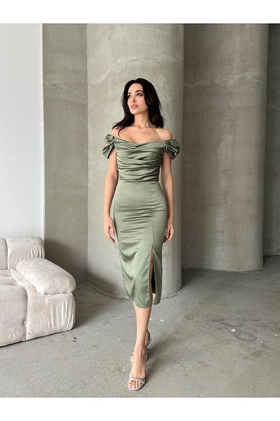 Serica Moda Βραδινό φόρεμα μίντι με ντραπέ με ανοιχτό ώμο