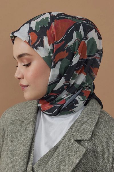 Modakaşmir 110X110 Flow Patterned Cotton Scarf - Khaki