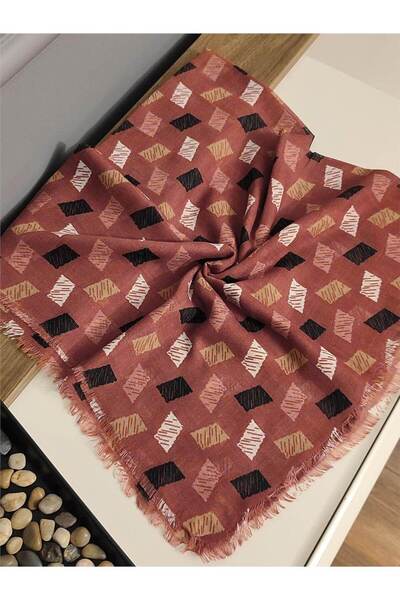 İpekel Koyu Mercan Desenli Keten Flamlı Eşarp Yazma