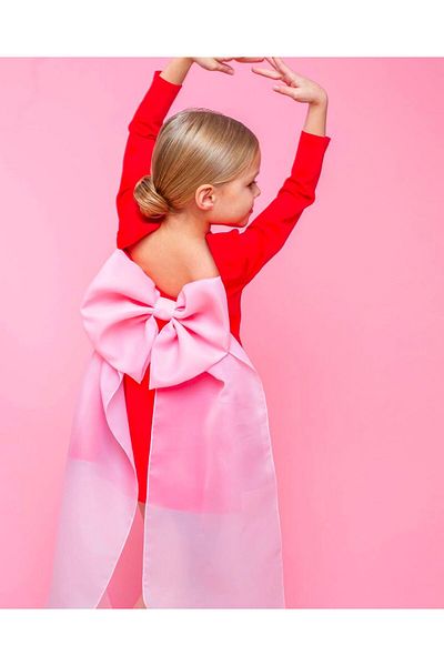 INDRESS Girl's Red Color Pink Bow Detailed Dress