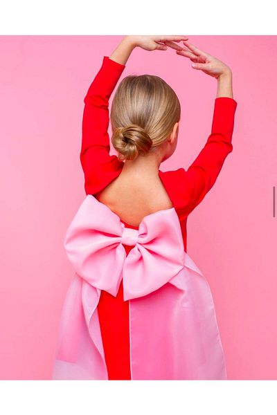 INDRESS Girl's Red Color Pink Bow Detailed Dress