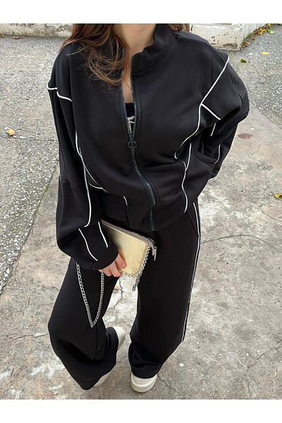Valeur Piping Detailed Parachute Sleeve, Non-Raised Winter, Spanish Leg Double Tracksuit Set