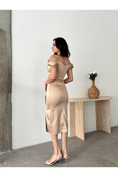 Serica Moda Βραδινό φόρεμα μίντι με ντραπέ με ανοιχτό ώμο