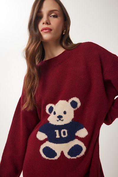 Lovelyİstanbul Pulover din tricot moale texturat ursuleț de pluș Claret Red LMX0068