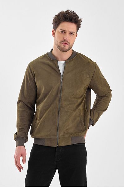 CLIPMAN Khaki Men's Slim Fit Suede Bomber Collar Seasonal Cardigan