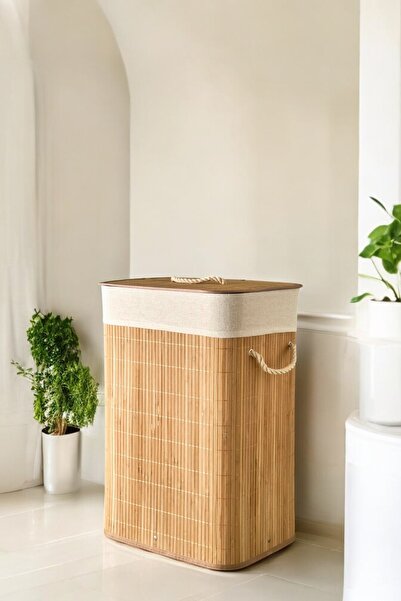 Mirilliahome Doğal Bambu Çamaşır Sepeti Suya Dayanıklı 72 Litre Kapaklı Sepet