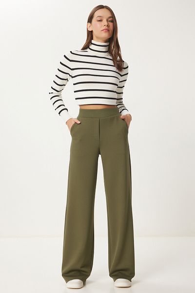 Lovelyİstanbul Wide Leg Comfortable Interlock Trousers - Khaki Lub0067