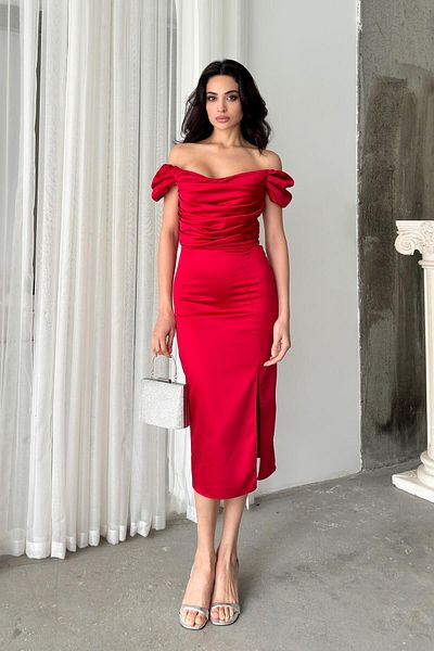 Serica Moda Off-Shoulder Draped Midi Evening Dress