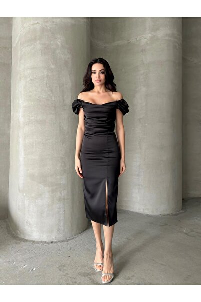 Serica Moda Düşük Omuz Drapeli Midi Abiye Elbise