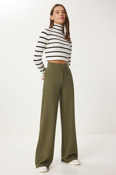 Lovelyİstanbul Wide Leg Comfortable Interlock Trousers - Khaki Lub0067