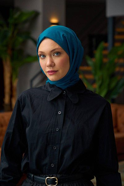 İpekhan Saks Blue Plain Pattern Voile Silk Shawl - 9800-40