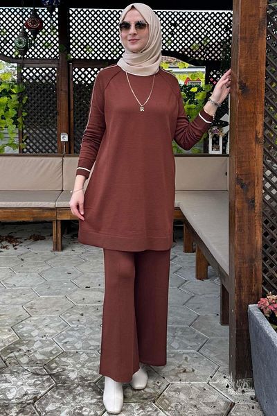 Rabia Şamlı Σετ Πλεκτό Αστέρι Καφέ - Με Παντελόνι