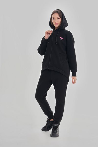 MAG FASHİON Women's Hijab 3 Thread Tracksuit Set - Black Hooded Sweatshirt
