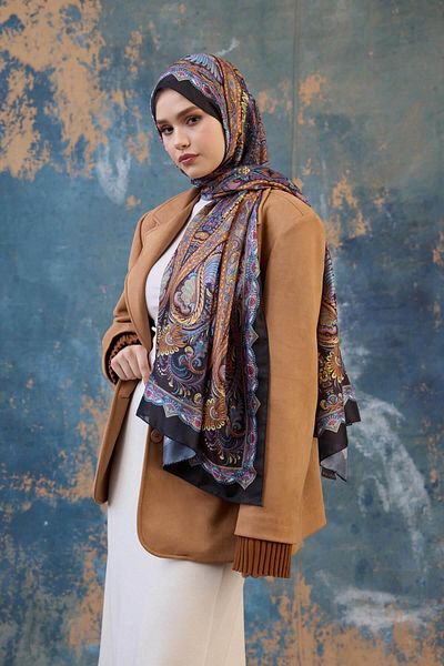 İpekhan Black and Blue Silk Shawl - Voile Pattern, 9801-20