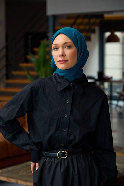 İpekhan Saks Blue Plain Pattern Voile Silk Shawl - 9800-40