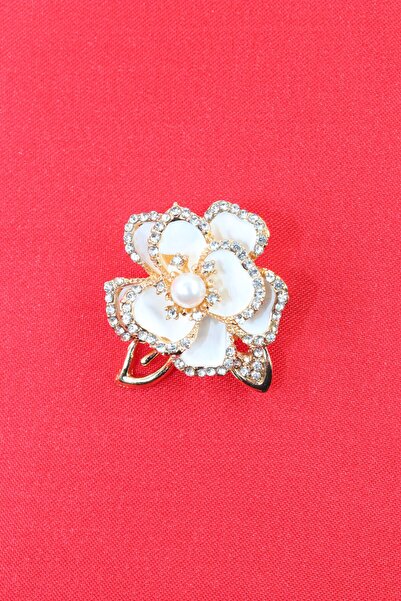 KEEBA Saflığın sözü incili çiçeği broş, Kristal taşlı gold renkli çiçekli kad...