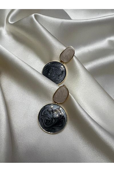 Goche Bijuteri Cream- Dark Blue Dangle Disc Earrings