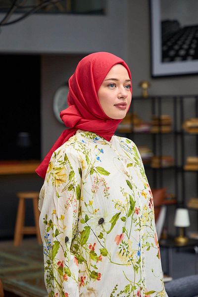 İpekhan Red Silk Patterned Voile Shawl - 9800-16