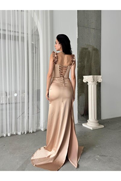 Serica Moda Çiçek Detaylı Önü Büzgülü Uzun Saten Elbise