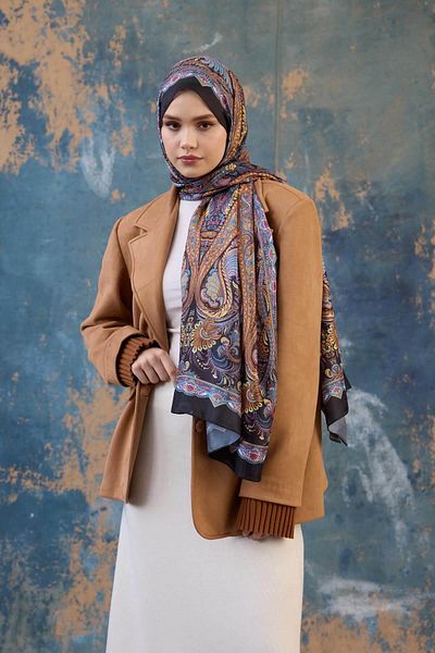 İpekhan Black and Blue Silk Shawl - Voile Pattern, 9801-20