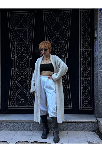 Bak'ap Maxi Uzun Trend Polarlı Triko  Düşük Kol Yarasa Kol Uzun Hırka