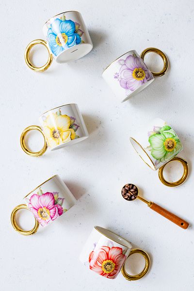 MİEN Set of 6 Flower Mug with Premium Ring Handle