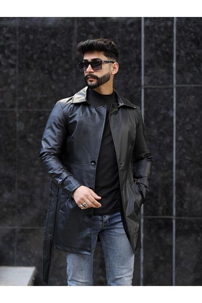 geyigo Men's Long Leather Jacket
