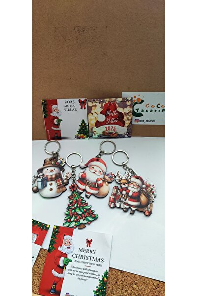 cacatasarım Yılbaşı Figürleri Ahşap UV Baskı Anahtarlık veya Çanta Süsü Karışık 4 Adet Noel Kartlı ve Kutulu