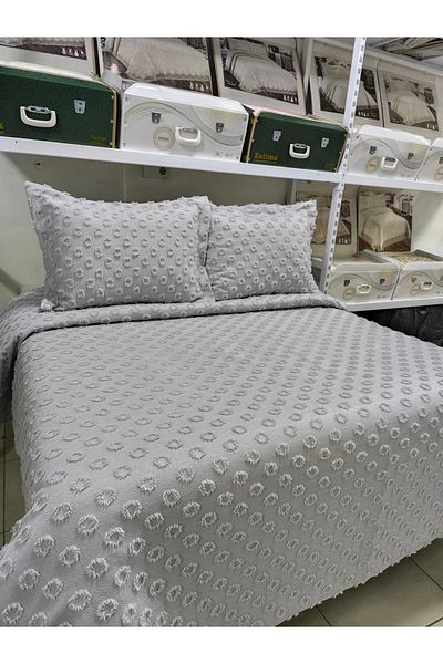 ESTİMA Aslan Tekstil Ayşe Gray Double Pompom Bedspread 250X260 2 Pillows 50X80