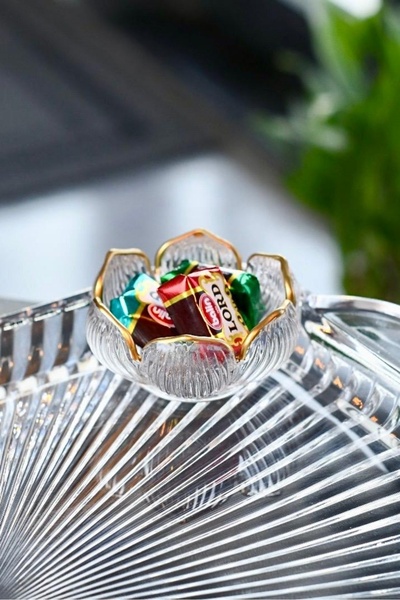 6 Glass Gold Lotus Flowers Coffee Side Presentation | Striped Origami Turkish Delight Bowl | Sugar Bowl | Dragee