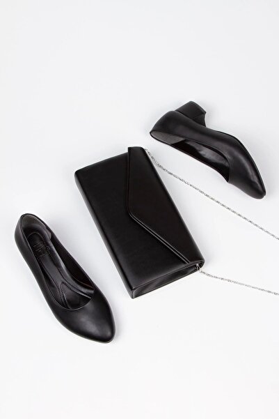 MFT AYAKKABI Kadın Siyah Cilt Kısa Topuklu Stiletto Ayakkabı Çanta Takımı