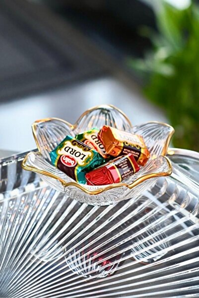 6 Glass Gold Lotus Flowers Coffee Side Presentation | Striped Origami Turkish Delight Bowl | Sugar Bowl | Dragee