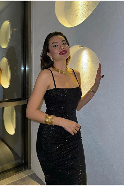 Afiş Butik Siyah İnce Askılı Payetli Elbise