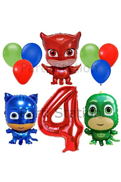 Parti Station Pijamaskeliler 4 Yaş Kırmızı Rakam Balon Set Pjmasks Konsept Ba...
