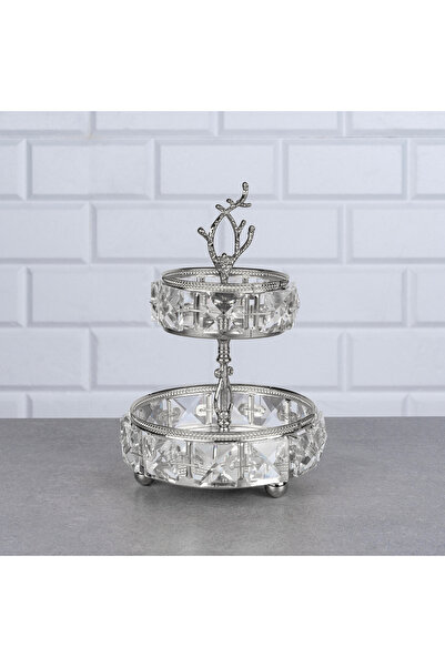Hinora Stoned Mirrored Round 2 Tiers Crystal Presentation Bowl Snack Plate 12X12X17Cm Mini Size