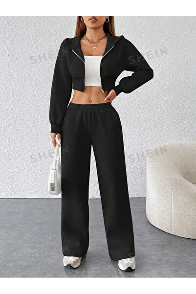 npLStore Women's Plus Size Crop Zippered Cardigan Sweat and Sweatpants Set