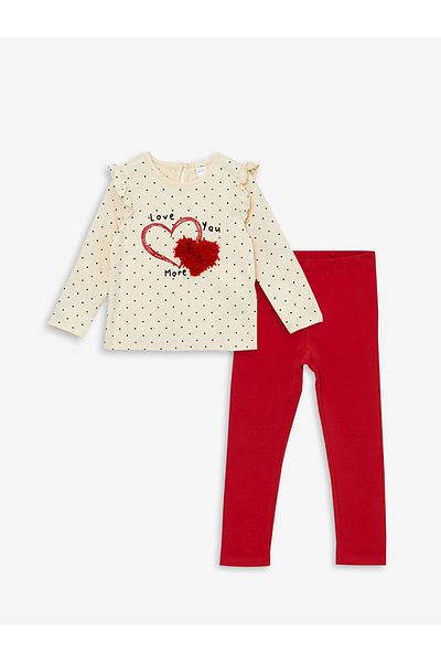 LC Waikiki بلوزة وسروال ضيق للفتيات من LCW Kids Ecru - رقبة دائرية، أكمام طويلة، طقم مطبوع مكون من قطعتين