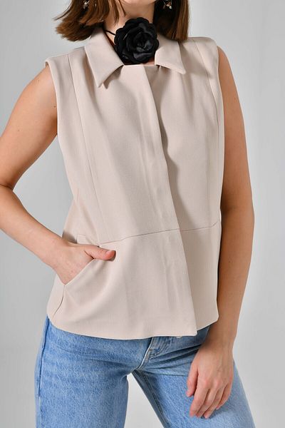 Saade Stone Hidden Closure Shirt Collar Pocket Vest