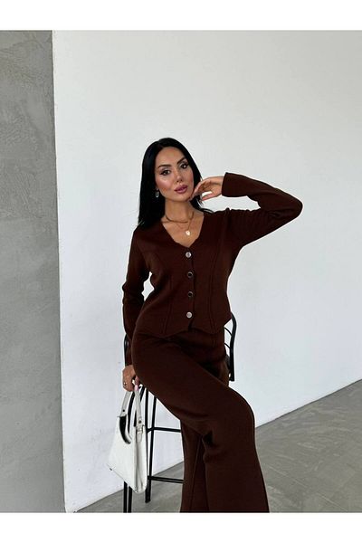 Lusin Women's Stylish Stripe Detailed Vest Palazzo Trousers Bottom Top Double Knitwear Set - Brown