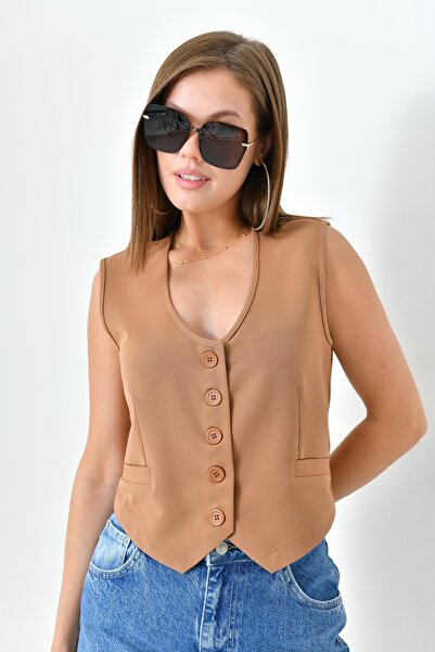 Saade Втален плетен елек с копчета и неподплата Kamel