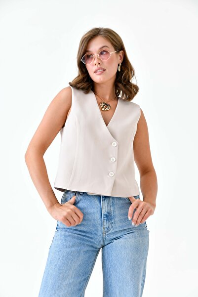 Saade V-Neck Stone Color Woven Vest