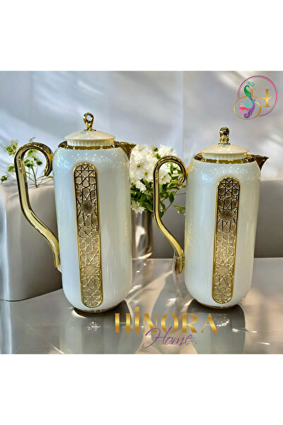 Hinora Çelik Hazneli Gold Yıldız Detay Inci Beyaz Şık Termos Ikili Set 1-0.7 ...