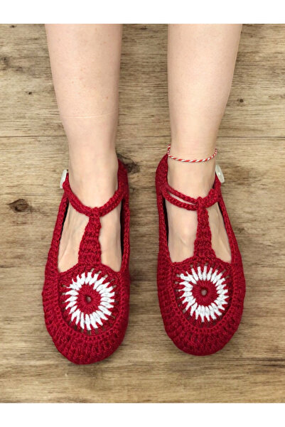 Valore El Örgüsü Tığ İşi Keçe Tabanlı Düğmeli Kadın Ev Ayakkabısı / Ev Babeti...